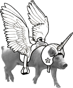 a pig with angelic wings and a helmet with a unicorn horn